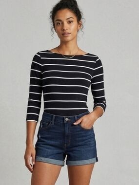 H&M Black & White Striped Boatneck Long Sleeve Bodysuit Size Med